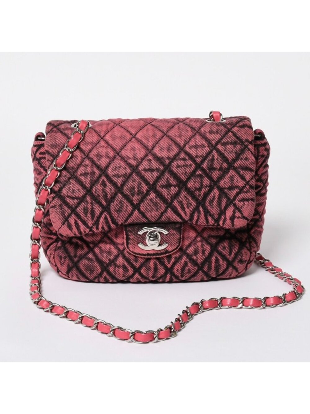 Chanel Quilted 23 Mini Shoulder Bag Denim Pink Black Silver